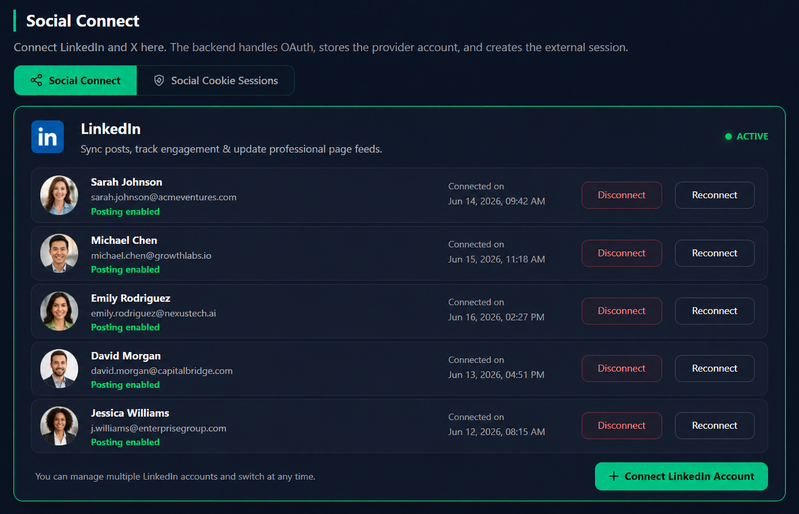 Social Connect dashboard